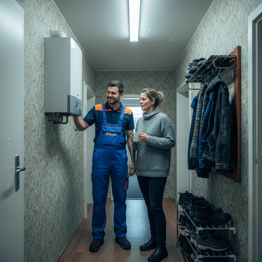 Techniker prüft Heizungsanlage im Heizungskeller mit Messgerät