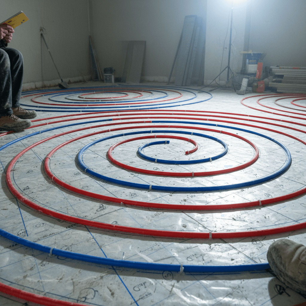 Installateur verlegt Heizungsrohre und richtet Verteiler einer Fußbodenheizung auf einer Baustelle aus