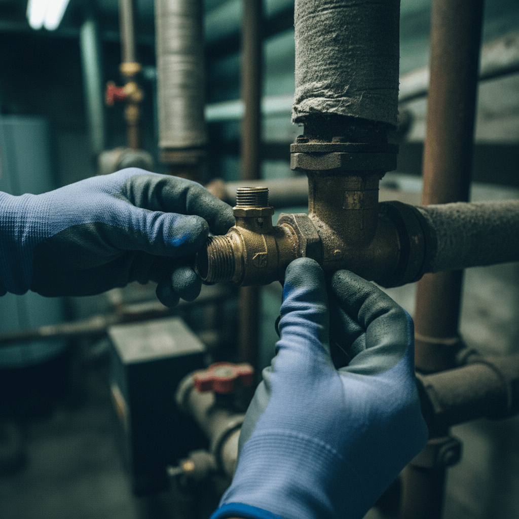 Techniker prüft Gasleitung mit Leckspray neben Therme