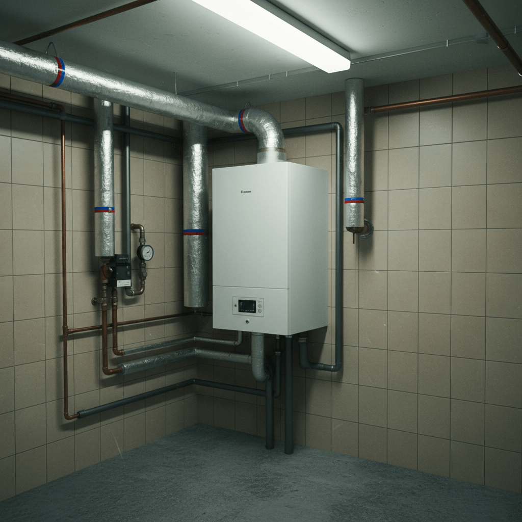 Transporter mit geöffnetem Laderaum, darin sortierte Ersatzteile und Werkzeug, steht vor einem Wohnhaus in der Dämmerung